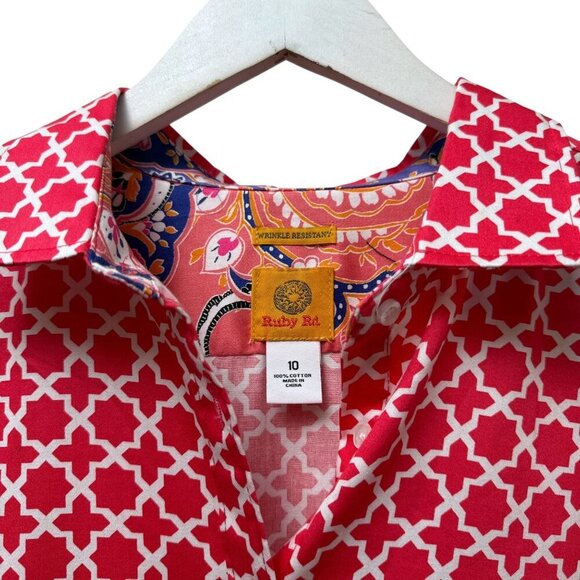 Ruby Rd Womens Shirt Size 10 Red Geo Preppy Print Long Sleeve Button Up - Picture 6 of 10